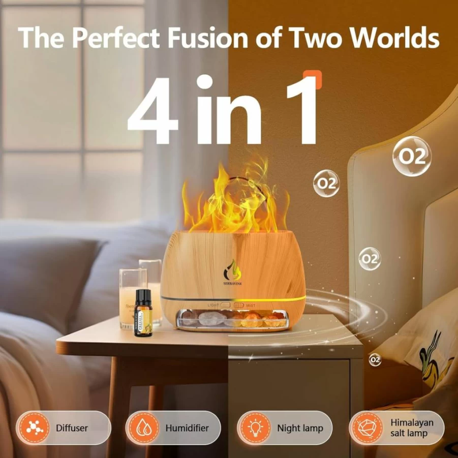 Serravine Ultrasonic Essential Oil Diffuser Set with 12 Aromatherapy Oils, Himalayan Salt Lamp, Cool Mist Humidifier & Gift Box for Home, Bedroom, Office