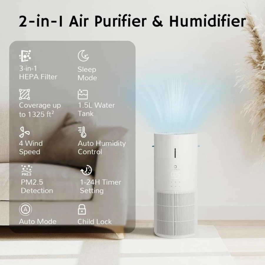 AIRTHEREAL AEH300 2-in-1 Air Purifier & Humidifier for Large Rooms up to 1325 Sq Ft, 3-Stage Filtration, Smart Air Quality Monitor, Auto Humidity Control, Ultra-Quiet Sleep Mode