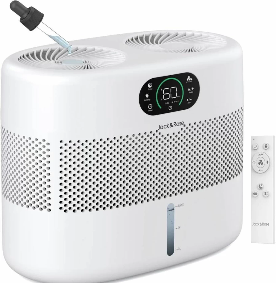 Jack & Rose 800Ml/H Evaporative Humidifier for Large Room - Reusable Wick, 3 Speeds, 2 Gallon, Auto Shut Off, Quiet & No White Dust, Healthy for Baby & Bedroom