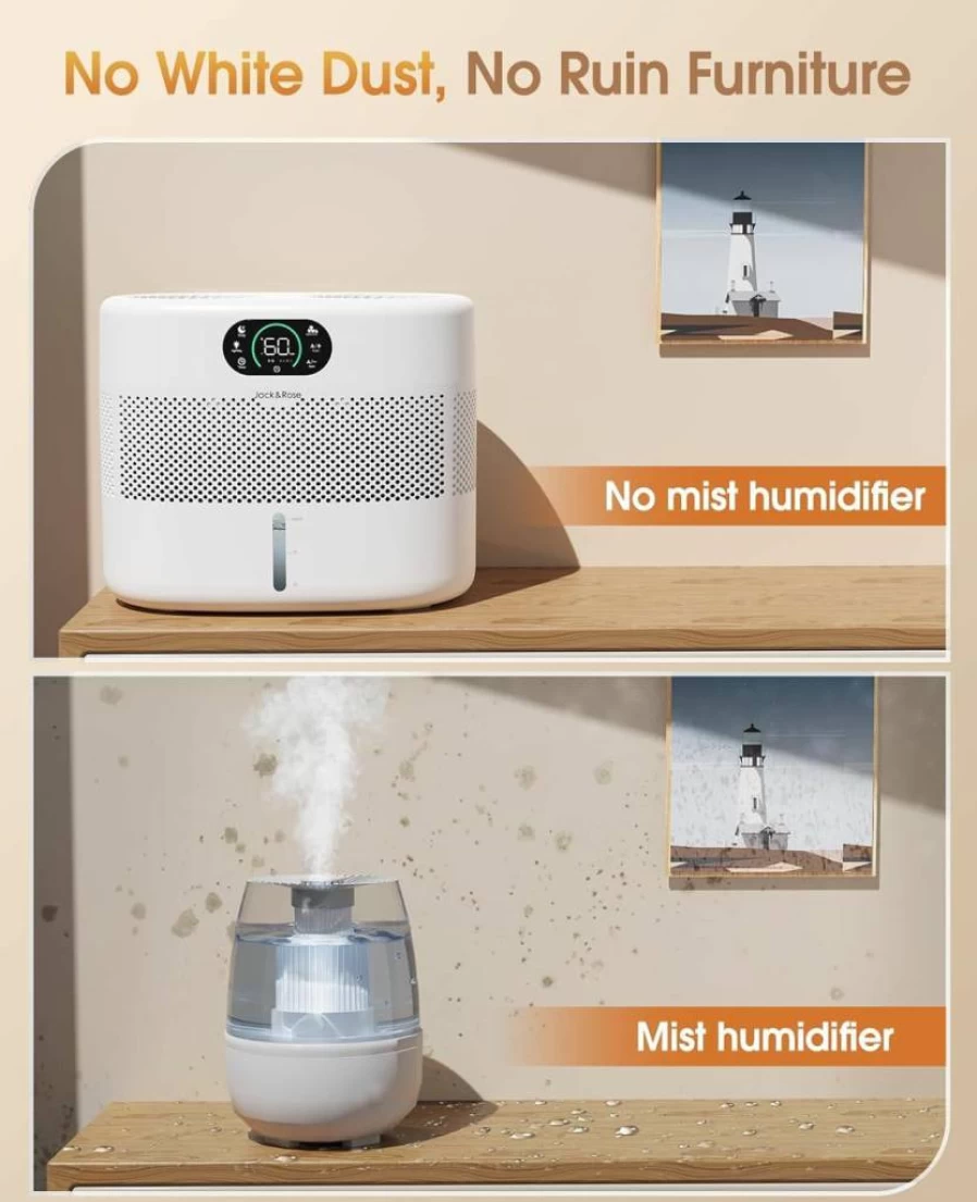 Jack & Rose 800Ml/H Evaporative Humidifier for Large Room - Reusable Wick, 3 Speeds, 2 Gallon, Auto Shut Off, Quiet & No White Dust, Healthy for Baby & Bedroom