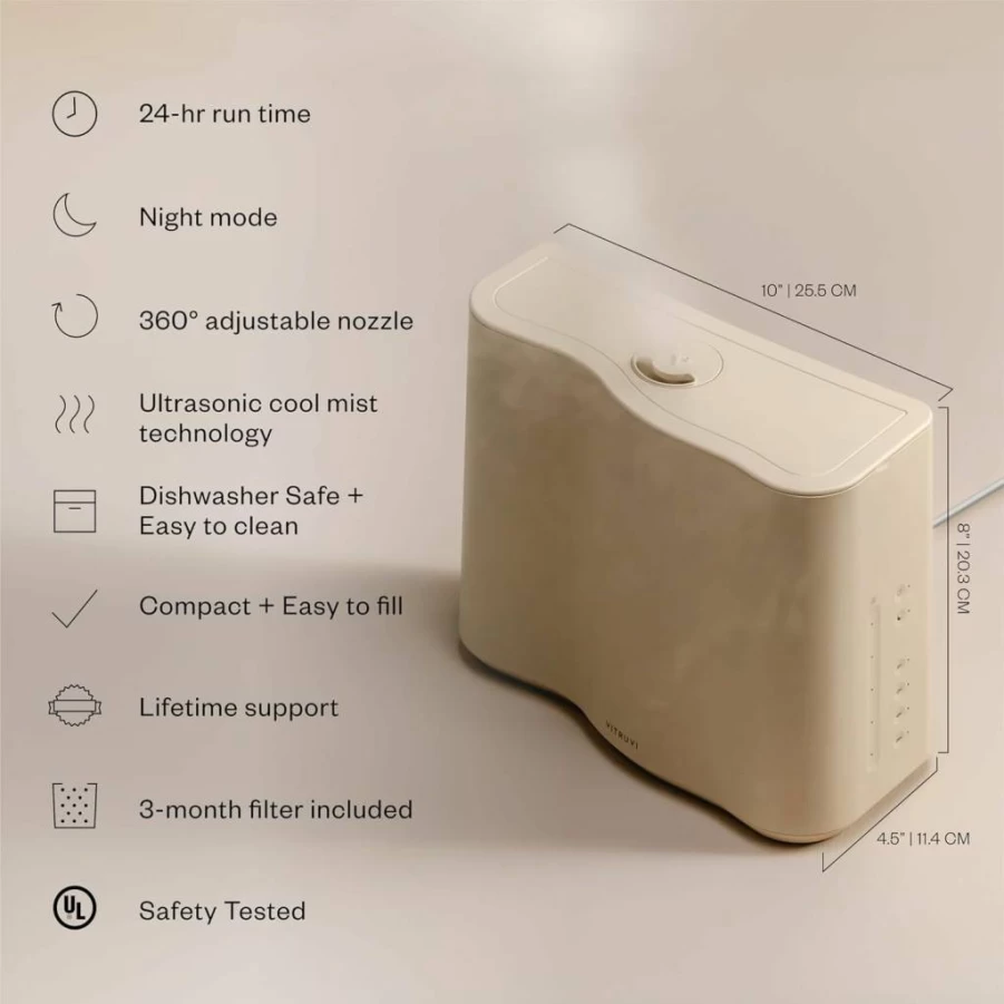 VITRUVI Ultrasonic Cool Mist Humidifier for Large Bedrooms Up to 600 Sq Ft | 24-Hour Quiet Operation | Modern Oat Design
