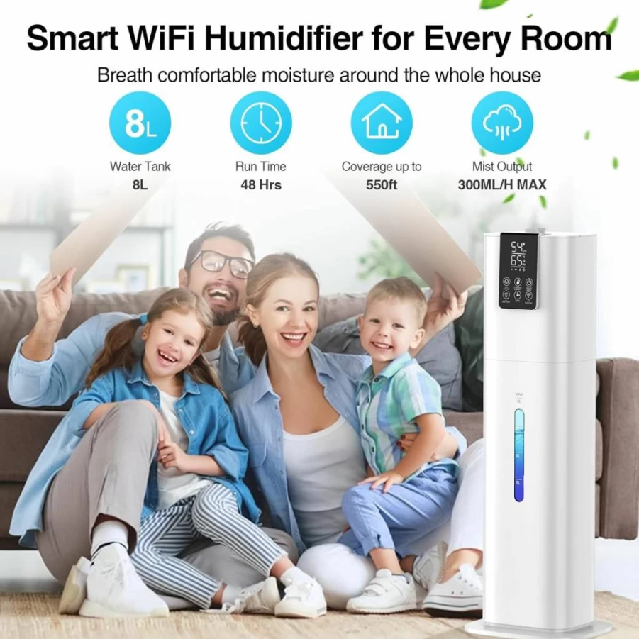 Honovos 8L Smart Humidifier for Large Rooms with App Control, 360° Nozzle, 3 Speed Settings & Quiet Cool Mist - Ideal for Bedroom, Office, Baby Nursery & Plants (White)