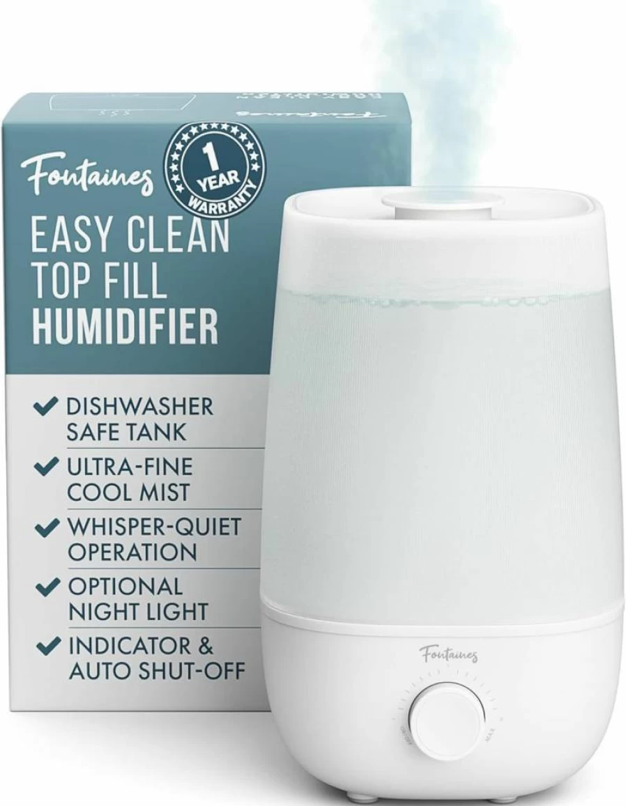 FONTAINES LUXURY GOODS Cool Mist Humidifier - Top-Fill 360° Ultra-Fine Spray, Whisper-Quiet, Auto Shut-Off, Night Light, Dishwasher Safe Tank for Bedroom, Nursery, Home Office