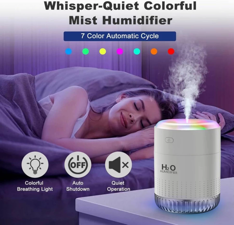 KARFUN Rechargeable Mini Humidifier with 7 Color LED Lights, Ultra Quiet Cool Mist Humidifier for Office, Baby Room, Travel, Auto Shut-Off, Portable Desktop Humidifier (White)