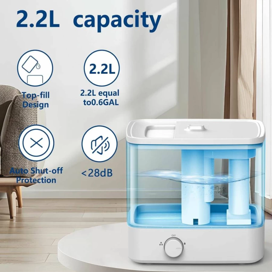 KZF 2.2L Ultrasonic Cool Mist Humidifier for Bedroom, Study, Kids Room & Yoga - Quiet Operation, Easy to Clean, Adjustable Humidity