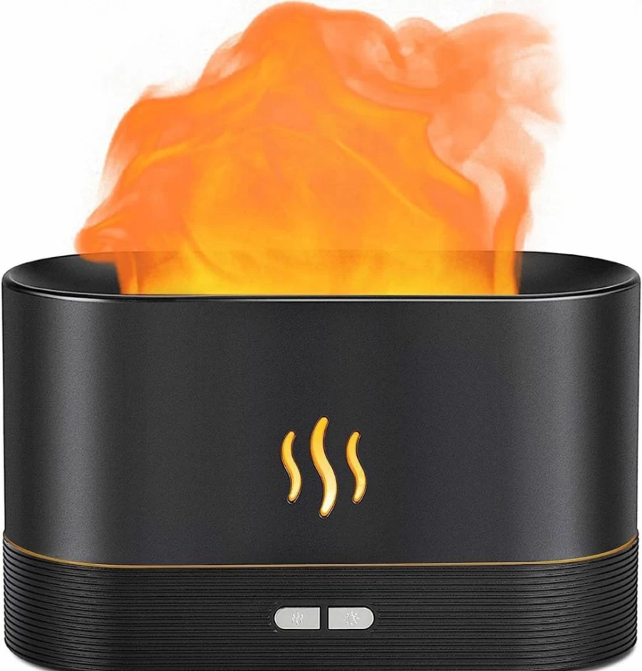 Aegci Ultrasonic Flame Air Diffuser Humidifier with Essential Oil Aromatherapy, Fire Mist, 2 Brightness Levels & Auto-Off for Home, Office (Black)