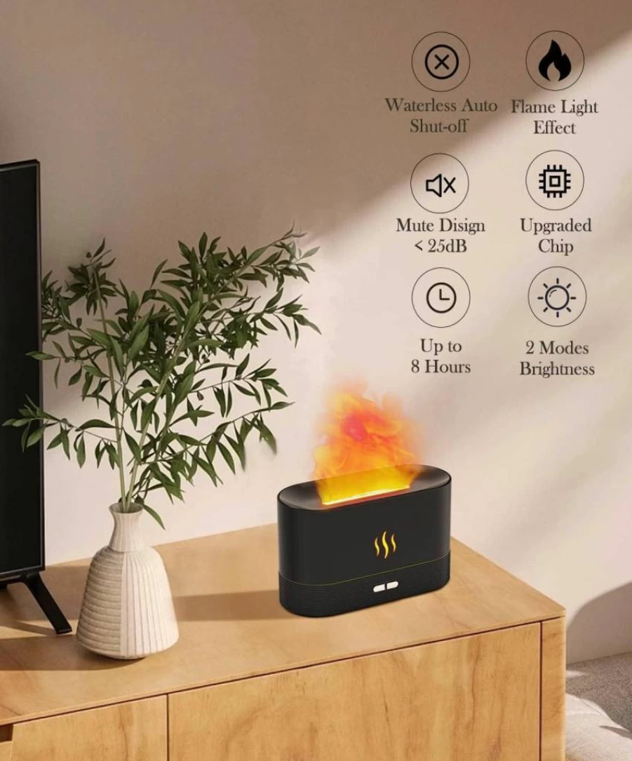 Aegci Ultrasonic Flame Air Diffuser Humidifier with Essential Oil Aromatherapy, Fire Mist, 2 Brightness Levels & Auto-Off for Home, Office (Black)