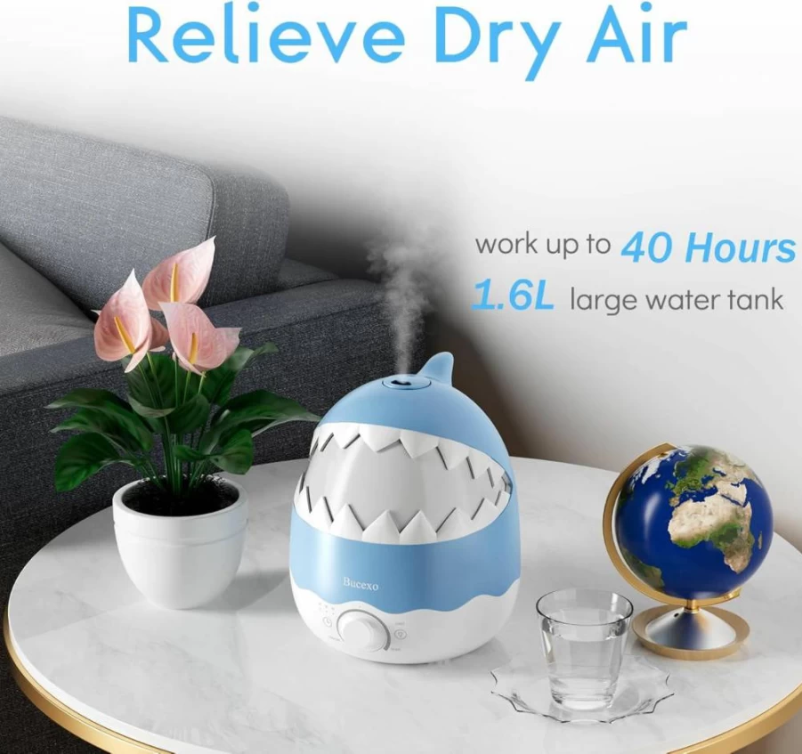 Bucexo 1.6L Cool Mist Humidifier for Baby Nursery with Essential Oil Diffuser, Night Light, Timer, BPA-Free, Up to 40 Hours, Ideal for Kids Bedroom