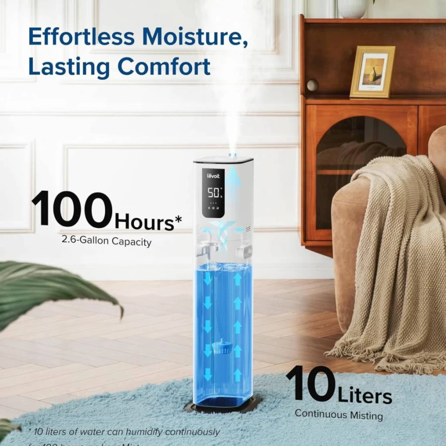 LEVOIT OasisMist 1000S Smart Humidifier - 10L Large Room, 600 Sq Ft Coverage, 100-Hour Runtime, Top Fill, Remote & Voice Control, Auto Mode, Ultra Quiet, White for Home, Bedroom, Indoor Plants
