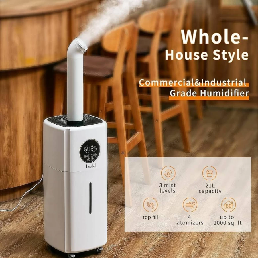 Lacidoll 5.5Gal Cool Mist Humidifier for Large Rooms up to 2000 Sq.Ft, Top Fill Floor Humidifier with 360° Dual Nozzles, 21L Capacity, 3 Speed Settings, 2000Ml/H Output