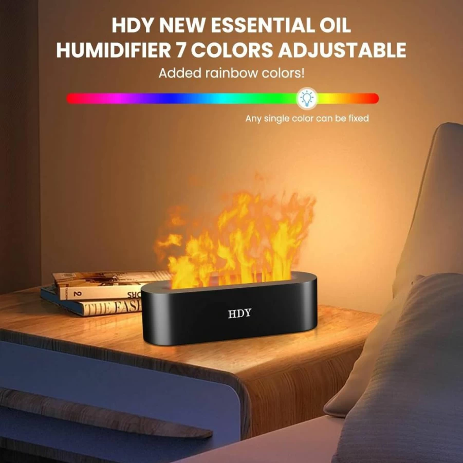 HDY 150ml Flame Aromatherapy Humidifier - 7 Color LED Essential Oil Diffuser with Auto Shut-Off, Ultra Quiet for Bedroom, Office & Home, Black