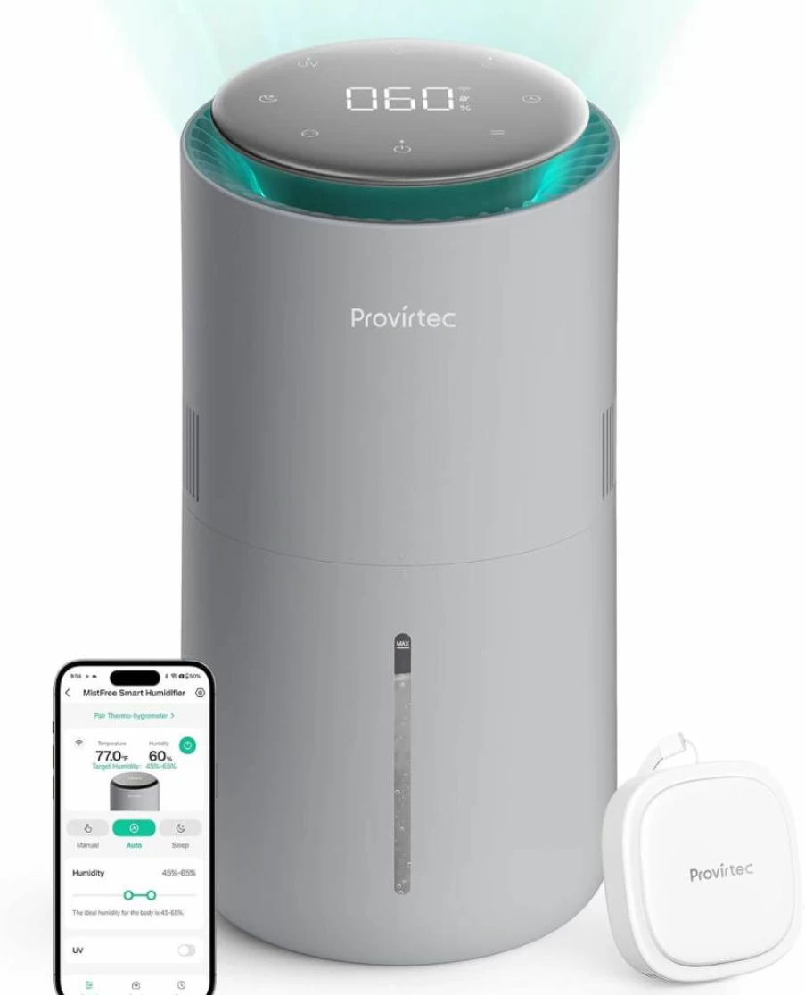 Provirtec Mistfree Smart Humidifier - 3L Evaporative Cool Mist Humidifier with Auto Humidity, App Control, Sleep Mode, Timer, No White Dust, Easy Clean for Bedroom, Nursery, Baby (White)