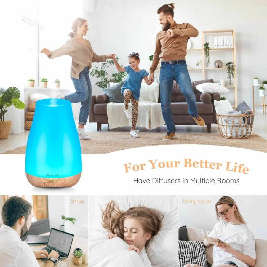 Homeweeks 100ml Essential Oil Diffuser with Adjustable Mist Modes, Auto-Off for Bedroom, Office, Travel | Aromatherapy Humidifier, Colorful LED Lights, Quiet Operation