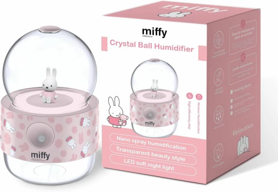MIPOW Miffy Crystal Ball Mist Humidifier - Pink Aromatherapy Diffuser, USB Powered Air Moisturizer for Home & Office, Cute Night Light, Ideal Romantic Gift for Women & Girls