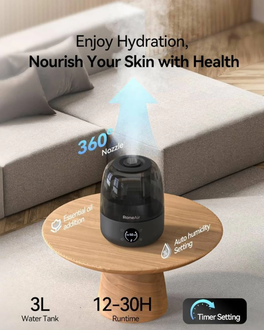 RONEAIR 3L Ultrasonic Cool Mist Humidifier for Bedroom, Large Room & Nursery, Quiet 26dB, Auto Shut-Off, 360° Nozzle, Timer, Essential Oil Diffuser, Automatic Mode