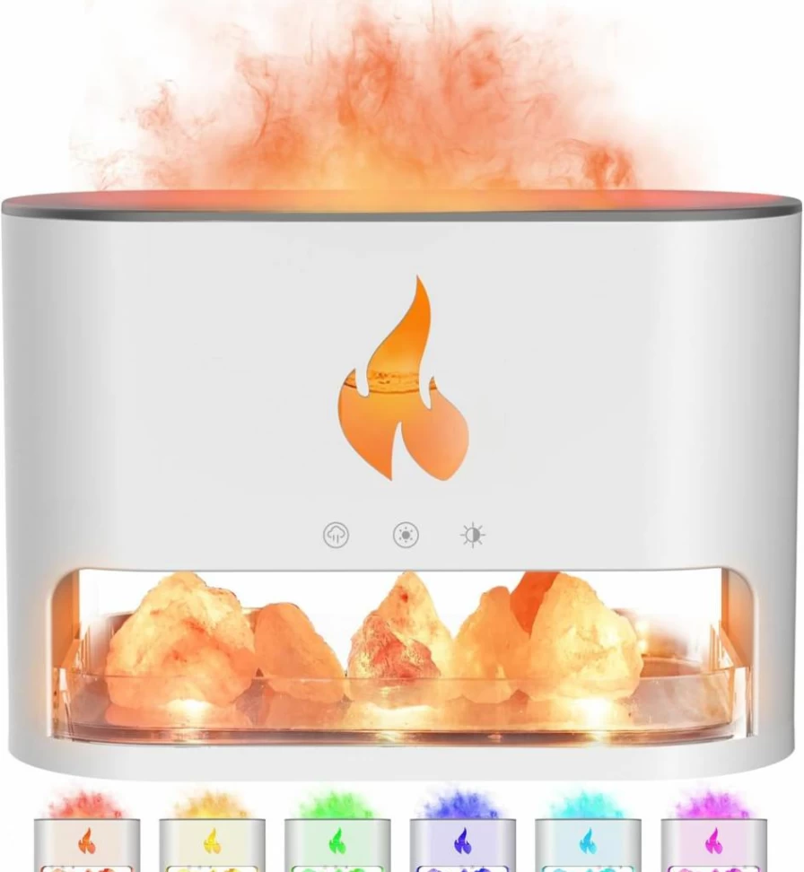 Yaledi 250ml Aromatherapy Essential Oil Diffuser with Fireplace Flame Effect, Himalayan Salt Lamp, Cool Mist Ultrasonic Humidifier, Auto Shut-Off & Night Light for Home, Office, Bedroom (Black, M23)