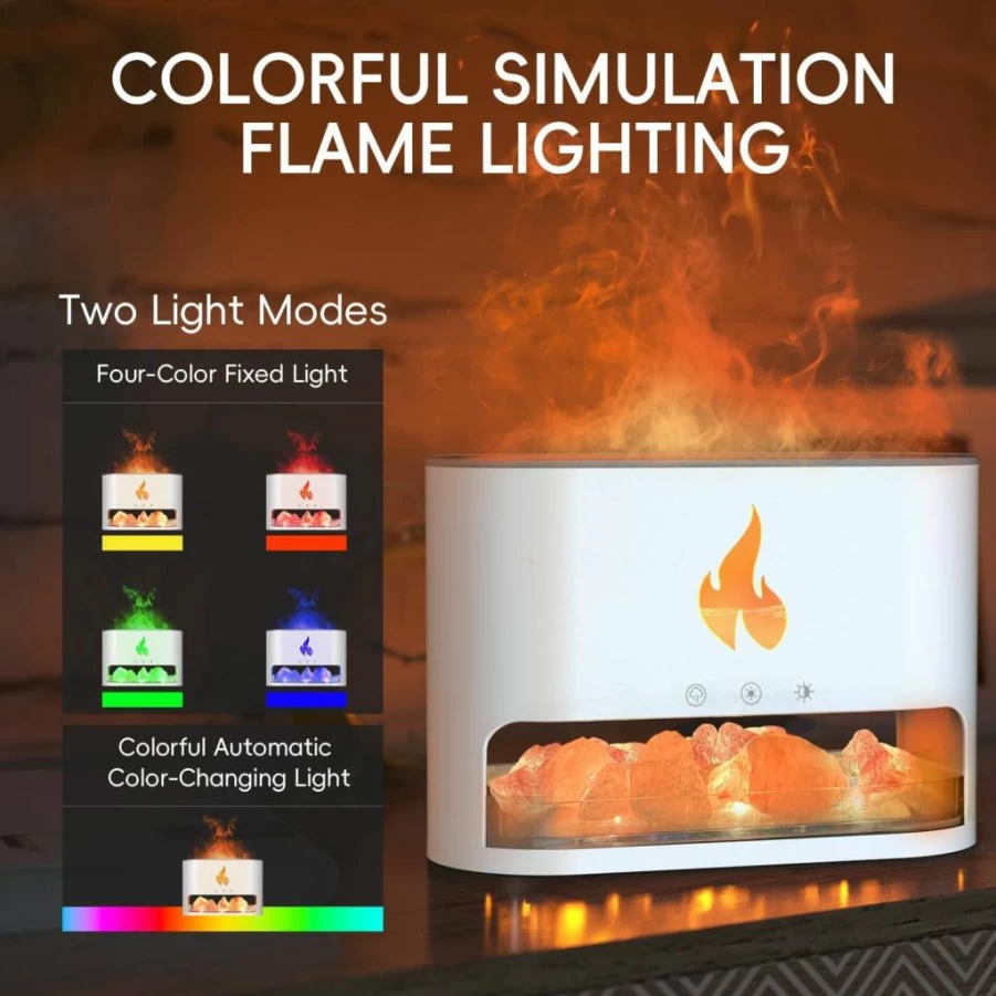 Yaledi 250ml Aromatherapy Essential Oil Diffuser with Fireplace Flame Effect, Himalayan Salt Lamp, Cool Mist Ultrasonic Humidifier, Auto Shut-Off & Night Light for Home, Office, Bedroom (Black, M23)