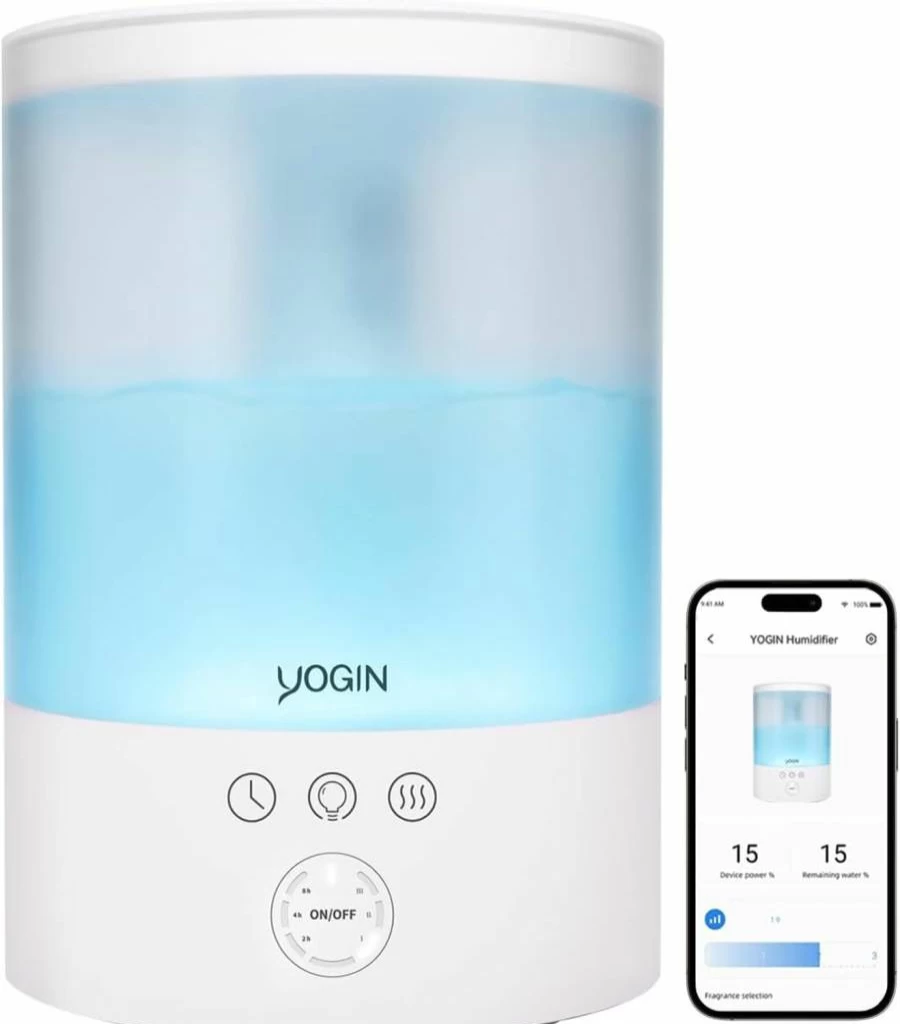 YOGIN 2.5L Top Fill Ultrasonic Cool Mist Humidifier for Bedroom, Nursery & Plants, 24H Runtime, 24dB Quiet, Night Light, Auto Shut Off, Easy Clean