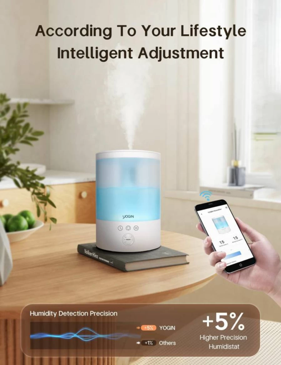 YOGIN 2.5L Top Fill Ultrasonic Cool Mist Humidifier for Bedroom, Nursery & Plants, 24H Runtime, 24dB Quiet, Night Light, Auto Shut Off, Easy Clean