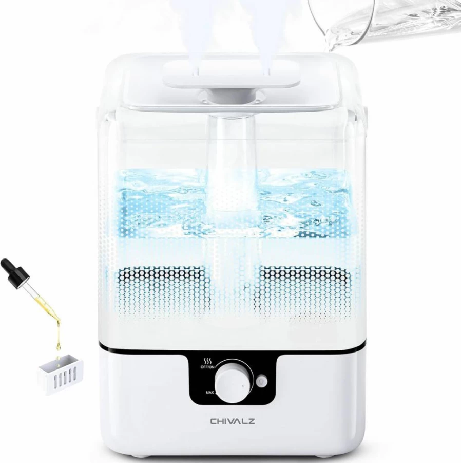 CHIVALZ 6L Cool Mist Humidifier for Large Rooms, Bedroom, Nursery, and Plants - Ultra Quiet 26dB, Top Fill, Night Light, 50-Hour Runtime, Essential Oil Diffuser with 2 Mist Outlets