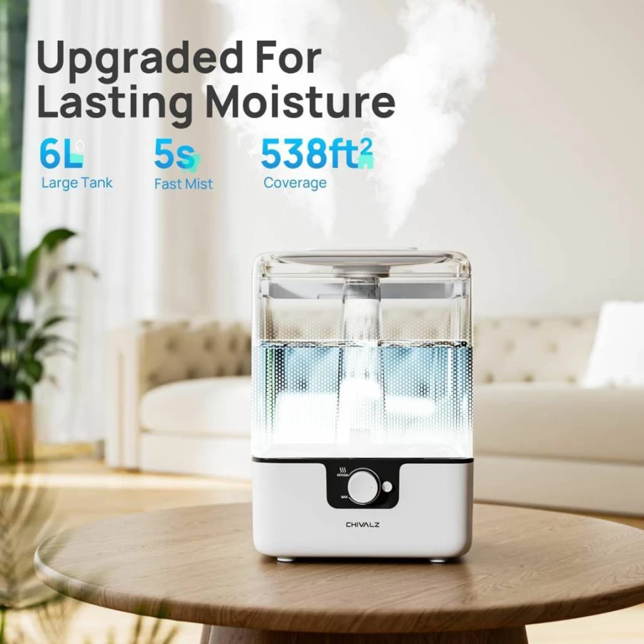 CHIVALZ 6L Cool Mist Humidifier for Large Rooms, Bedroom, Nursery, and Plants - Ultra Quiet 26dB, Top Fill, Night Light, 50-Hour Runtime, Essential Oil Diffuser with 2 Mist Outlets
