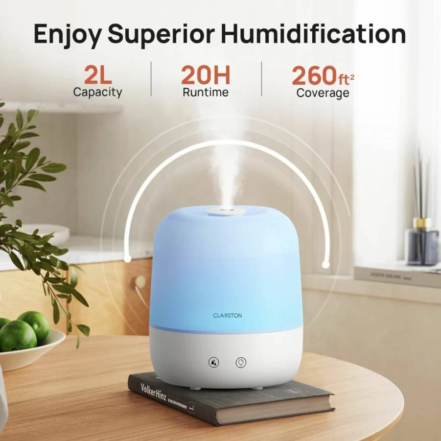 CLARSTON 2L Ultrasonic Cool Mist Humidifier for Bedroom & Baby - 360° Adjustable Nozzle, High/Low Mist Modes, Quiet Operation, BPA-Free, Auto Shut-Off, Easy Top Fill, Night Light Function