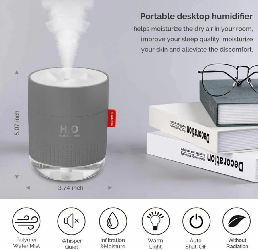 MOVTIP 500ml Portable Mini Humidifier - USB Personal Cool Mist Humidifier for Home, Office, Travel & Baby Room, Super Quiet with Auto Shut-Off & 2 Mist Modes, White