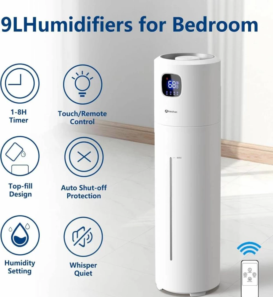 Akeshan 9L Large Humidifiers for Bedroom & Plants, Ultrasonic Cool Mist Humidifier with 350mL/H Output, Quiet Tower Design, Easy to Clean, Ideal for Kids Room, Yoga, Office (White)