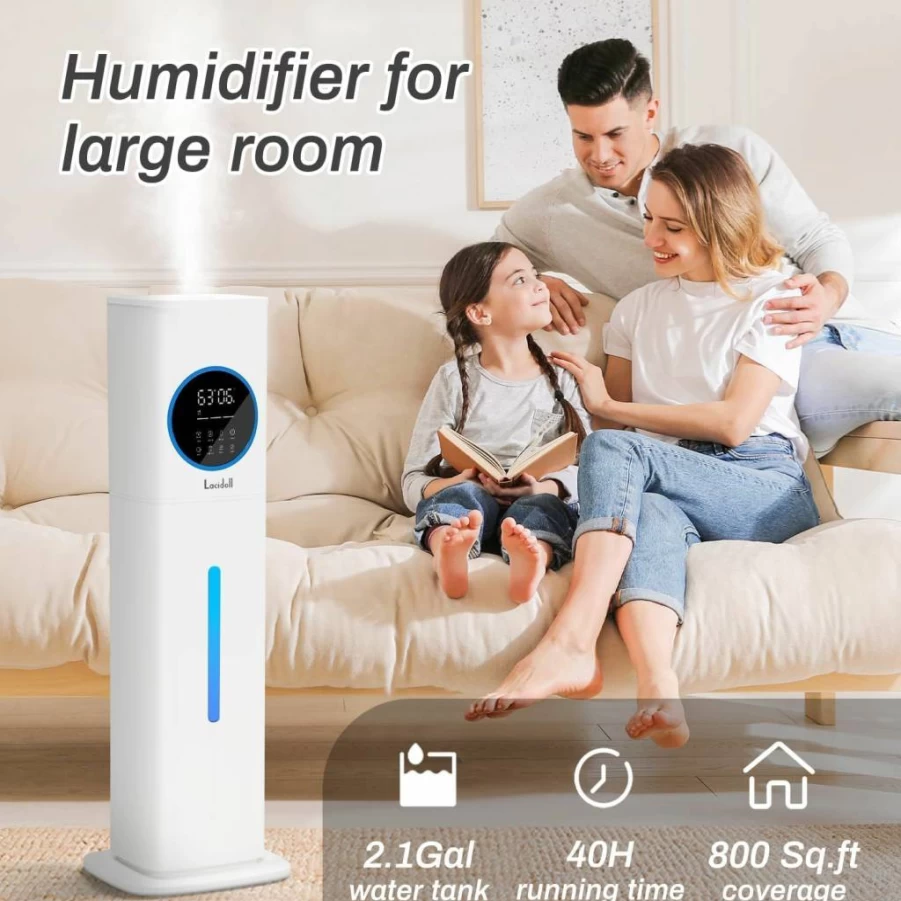 Lacidoll 8L Top Fill Cool Mist Humidifier with Essential Oil Diffuser & Night Light for Bedroom, Whole House, Plants, Baby, Kids - White
