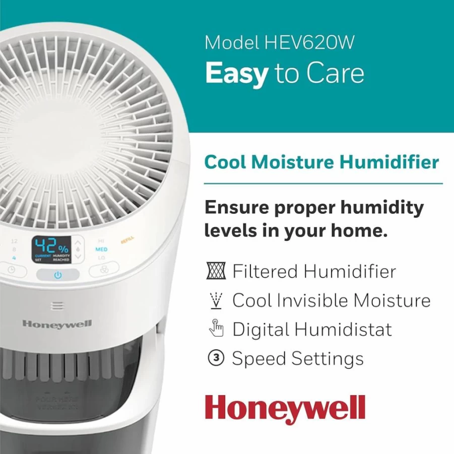 Honeywell Cool Mist Humidifier with Digital Humidistat, Top Fill Design, Space Saving Tower for Bedroom, Office, and Home - Black