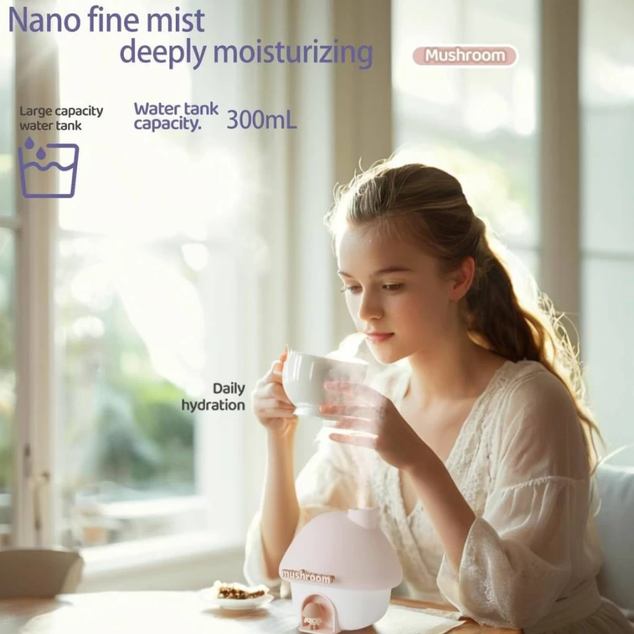 Fuliying Ultrasonic Cool Mist Humidifier with Sunset Night Light, 2 Spray Modes for Bedroom, Office, Baby Nursery, Portable Air Moisturizer with Ambient Lighting