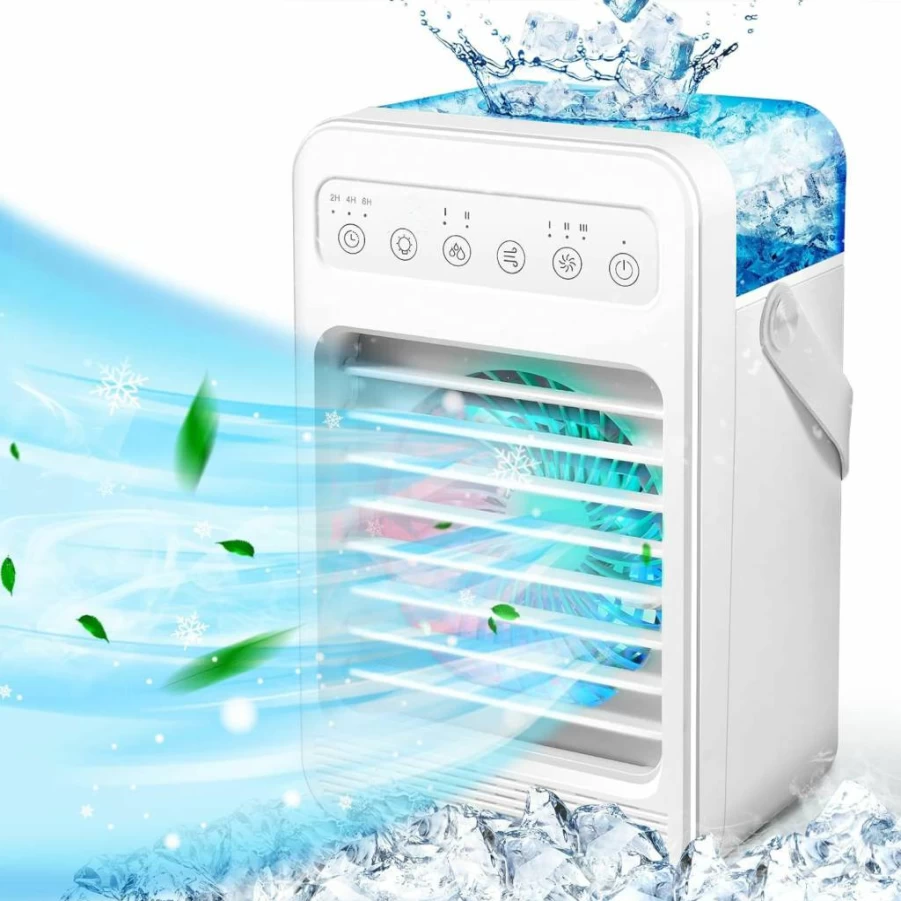 HattyRoom Portable Air Conditioner - USB-Powered Personal Cooler with 4-Speed Evaporative Cooling, 7-Color LED Light, and Humidifier for Home Office & Indoor Use