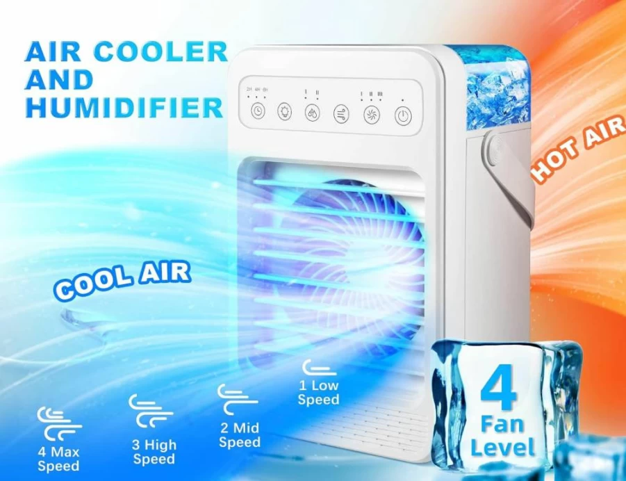 HattyRoom Portable Air Conditioner - USB-Powered Personal Cooler with 4-Speed Evaporative Cooling, 7-Color LED Light, and Humidifier for Home Office & Indoor Use