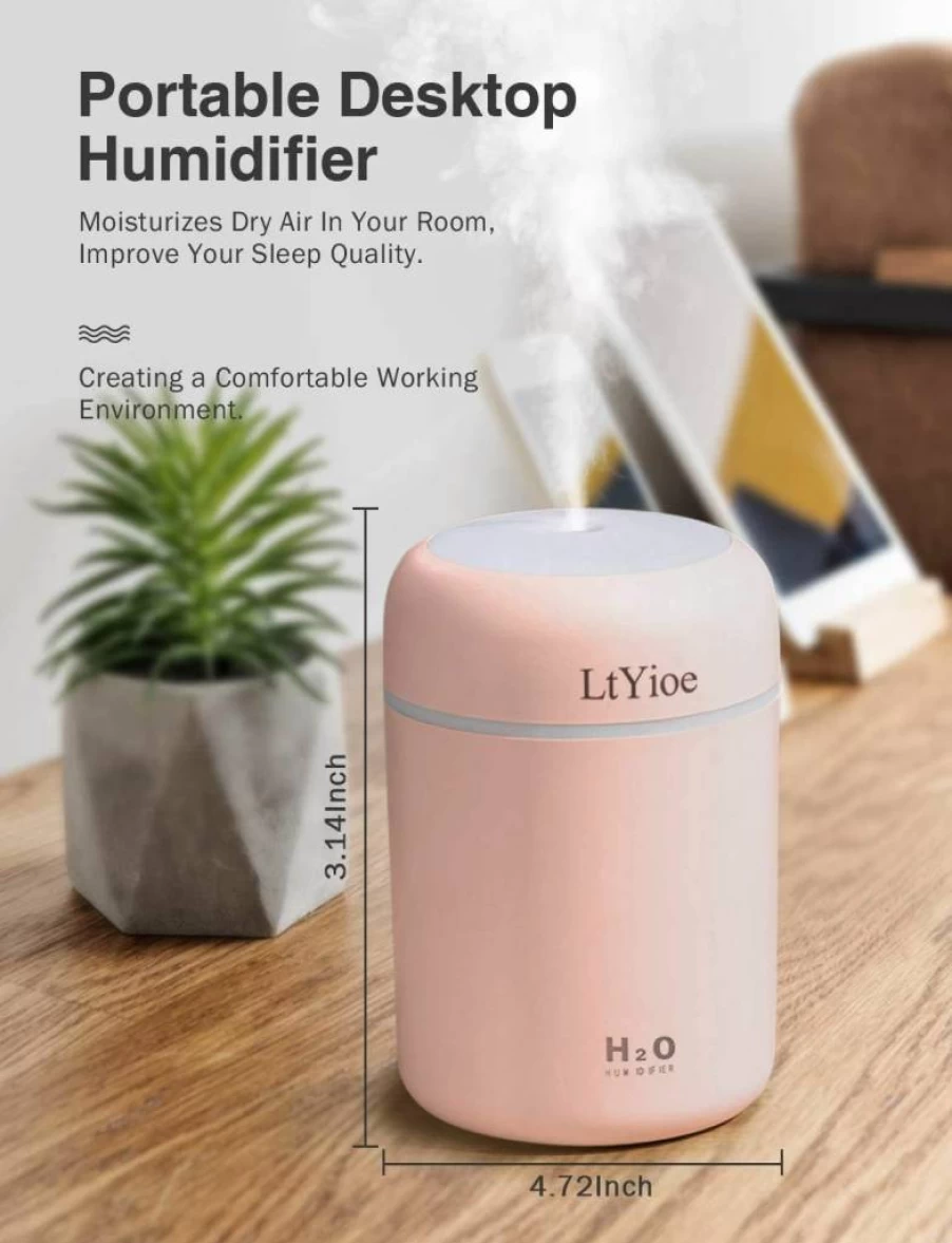 LtYioe Pink Mini USB Humidifier - Super Quiet, 2 Mist Modes, Auto Shut-Off for Car, Office, Bedroom & Home