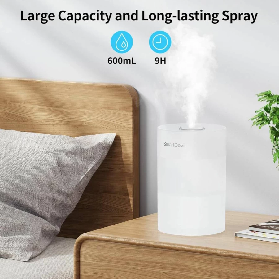 SMARTDEVIL 600ML Portable USB Humidifier for Bedroom, Office, Travel - Super Quiet, Auto Shut-Off, Night Light, Mini Desk Humidifier for Plants & Nightstand