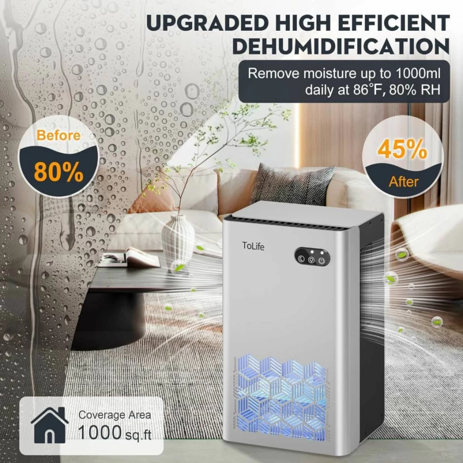 ToLife 95 Oz Dehumidifier for Home & Basement - 1000 Sq.Ft Coverage, Auto Shut Off, 7-Color LED Lights, Portable Moisture Eliminator for Bedroom Bathroom (Grey)