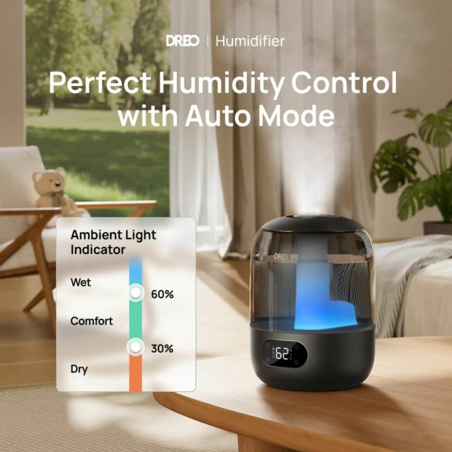 Dreo 3L Ultrasonic Cool Mist Humidifier for Bedroom, Large Room, Nursery & Plants - 30H Runtime, 26dB Quiet, Top Fill, Humidity Sensor, 360° Nozzle, Night Light, White