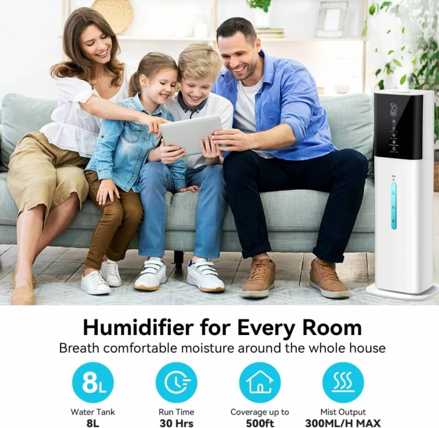 Honovos 2.1Gal Ultrasonic Cool Mist Humidifier with 7-Color LED, 360° Nozzle, Timer, Aroma Box - Quiet Large Room Humidifier for Home, Bedroom, Plants, Baby, Yoga (Black)