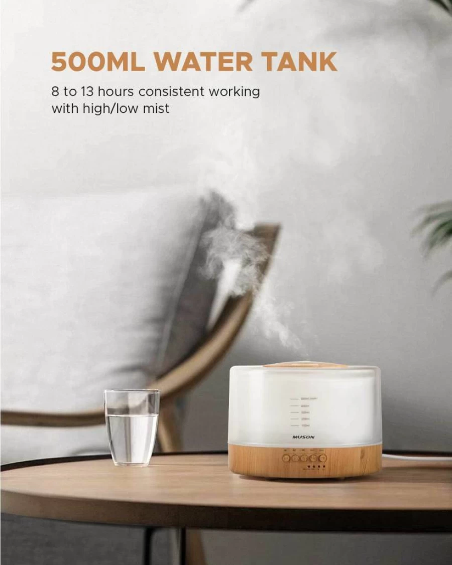 Muson Aromatherapy Essential Oil Diffuser with Cool Mist Humidifier, Natural Sound Machine, Warm Night Light & Auto Shutoff - White