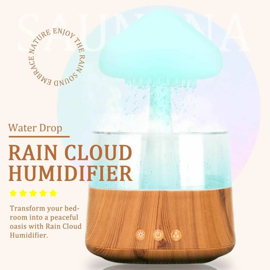Riecin Rain Cloud Humidifier with Adjustable LED Lights, White Noise, Humidification, and Relaxing Desk Fountain for Bedside Sleep & Mood Enhancement (White)