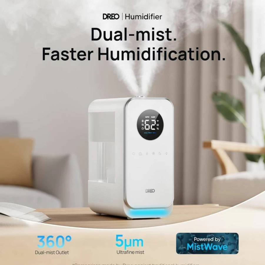 Dreo Smart Cool Mist Humidifier for Large Rooms, Top-Fill Quiet Humidifier with Oil Diffuser, Nightlight, 50-Hour Runtime, Alexa/Google Assistant Compatible, Grey