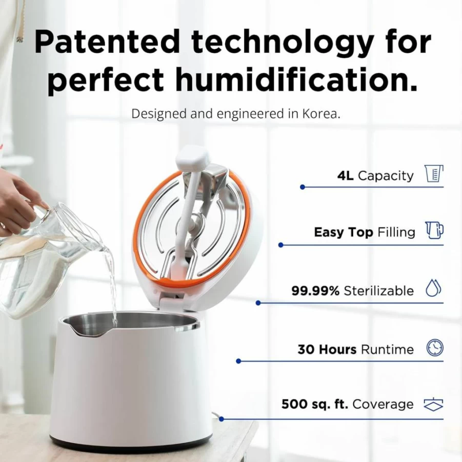 Carepod 31S Ultrasonic Cool Mist Humidifier for Large Rooms, 1 Gallon (4L) 30-Hour Runtime, Filter-Free, Easy to Clean with 3 Washable Parts, Quiet & Safe for Baby and Bedroom