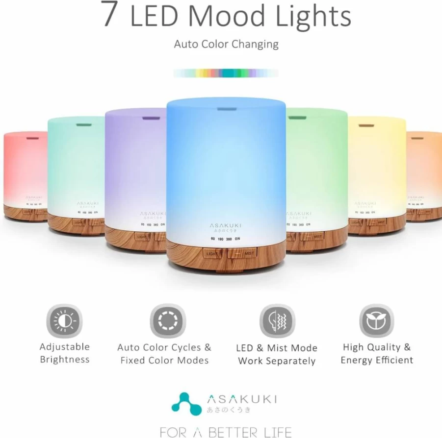 ASAKUKI 300ml Essential Oil Diffuser with Humidifier, 7 Color LED Lights, Auto-Off, and Quiet Operation for Home Aromatherapy - Light Brown