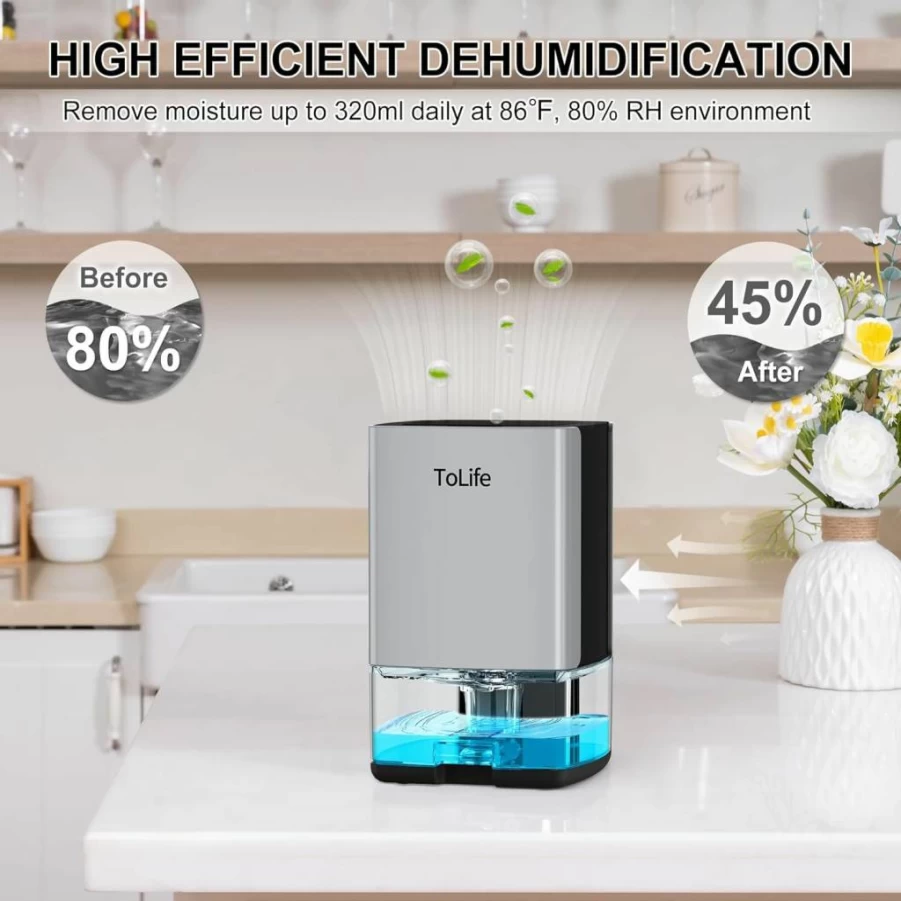 ToLife 30 Oz Portable Dehumidifier with Auto-Off & 7-Color LED Light for Home, Bathroom, Bedroom, RV, Closet (500 Sq.Ft Coverage, Black)