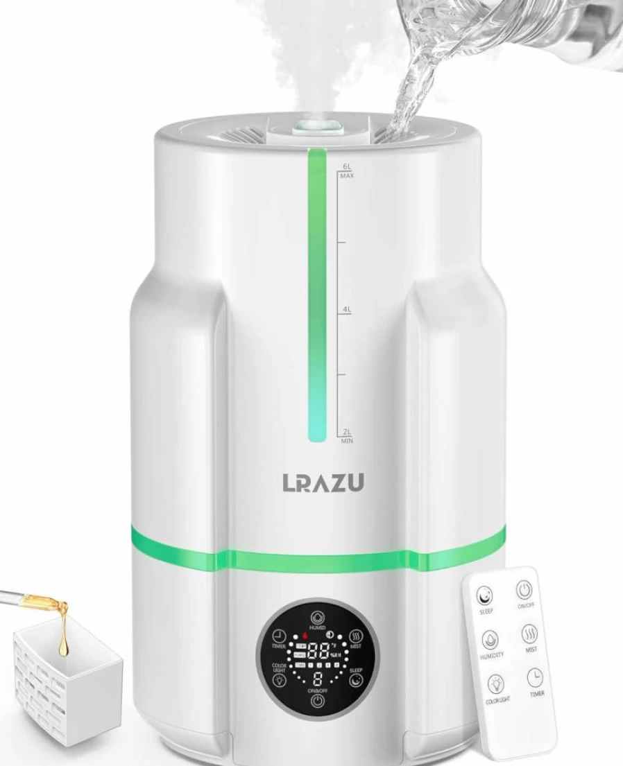 LRAZU 6L Cool Mist Humidifier for Large Bedroom, Top-Fill Essential Oil Diffuser with Remote Control, 50H Quiet Operation, Timer for Baby & Plants, Black