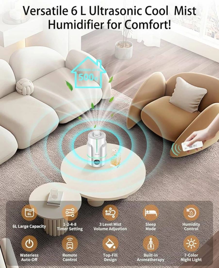 LRAZU 6L Cool Mist Humidifier for Large Bedroom, Top-Fill Essential Oil Diffuser with Remote Control, 50H Quiet Operation, Timer for Baby & Plants, Black
