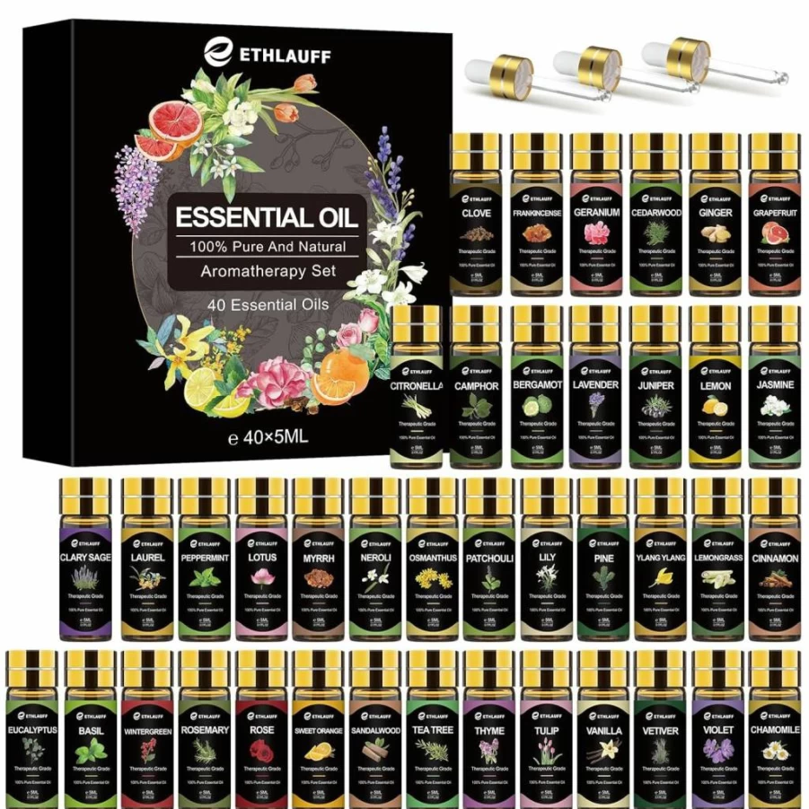 Ethlauff 12-Piece Pure Essential Oils Set for Aromatherapy, Diffusers, Skincare & DIY Candles - Natural Scented Oils for Massage, Soap Making - Perfect Gift