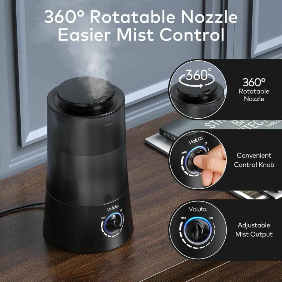 Valuta 4L Cool Mist Humidifier for Bedroom & Large Room, Top Fill Ultrasonic Humidifier with 360° Rotation Nozzle, Oil Diffuser, Auto Shut-Off, Quiet Operation for Baby & Home