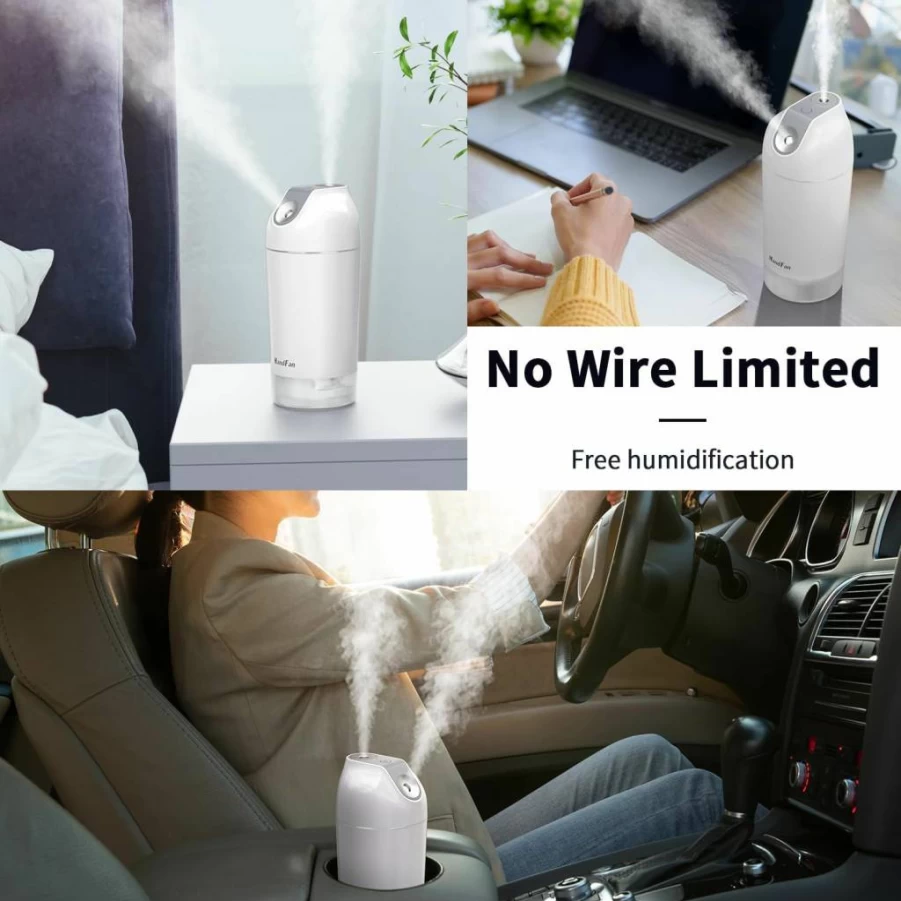 HandFan 480ml Portable Ultrasonic Humidifier - Rechargeable, Cordless, Cool Mist for Bedroom, Office, Travel, Car, and Plants (Gray)