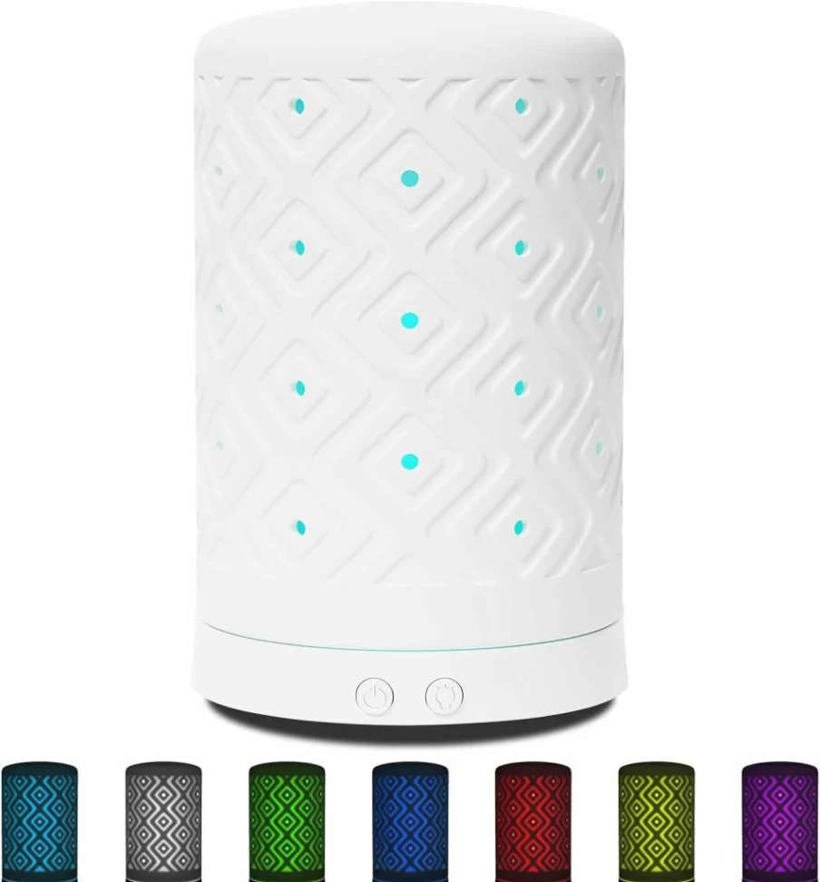 VONGEM Ceramic Essential Oil Diffuser with 7 Color Changing LED Lights, Auto-Off Safety Switch, Aromatherapy Home Fragrance Diffuser in White